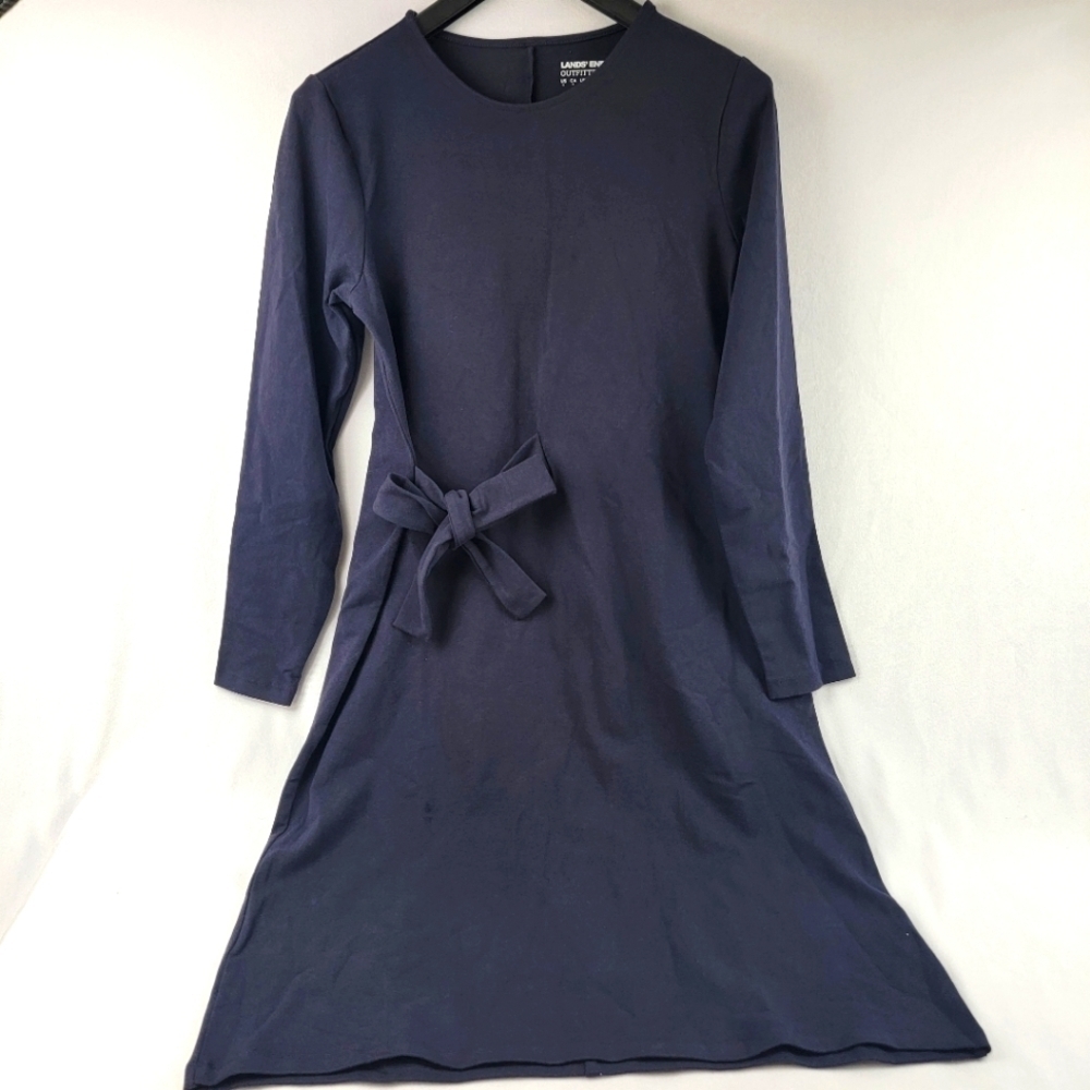 Lands' End navy heavy long sleeve strech tie waist dress